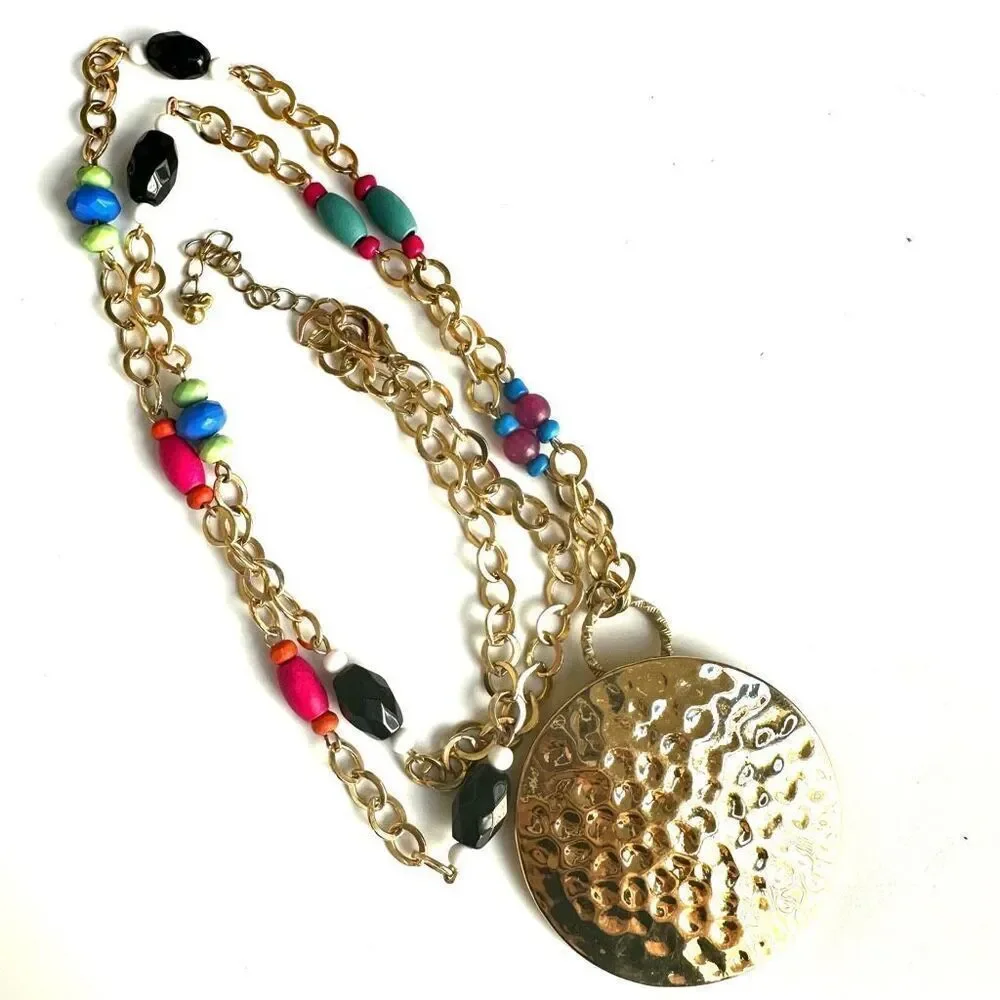 Gold tone colorful beaded pendant necklace